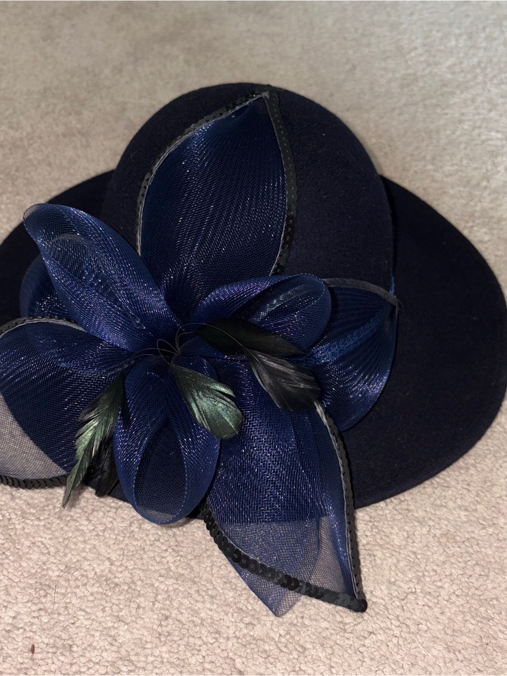 Lily Lee Navy Blue Women's Dress Hat with Mesh Flower